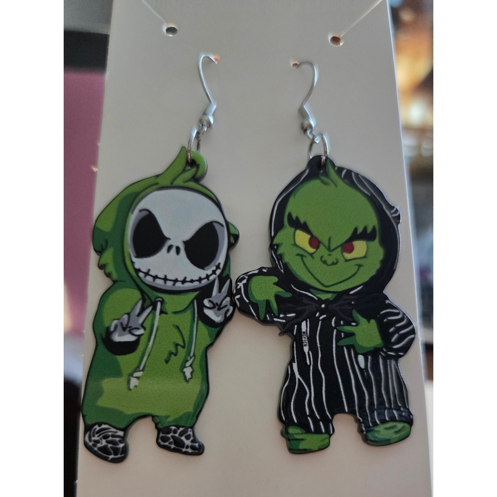 Jack Skellington Grinch Mashup Acrylic Drop Earrings Green Black Holiday Jewelry